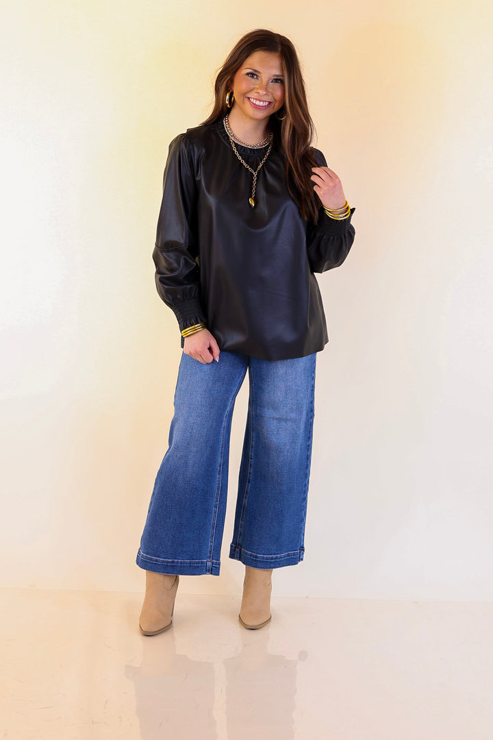 Mud Pie | Putnam Faux Leather Long Sleeve Top with Smocked Cuffs in Black