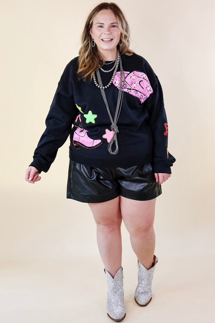 Nashville Lights Chenille and Sequin Patch Graphic Sweatshirt in Black - Giddy Up Glamour Boutique