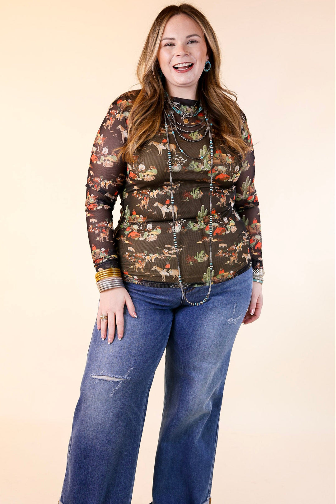 Western Dream Mesh Long Sleeve Top with Retro Western Print in Black