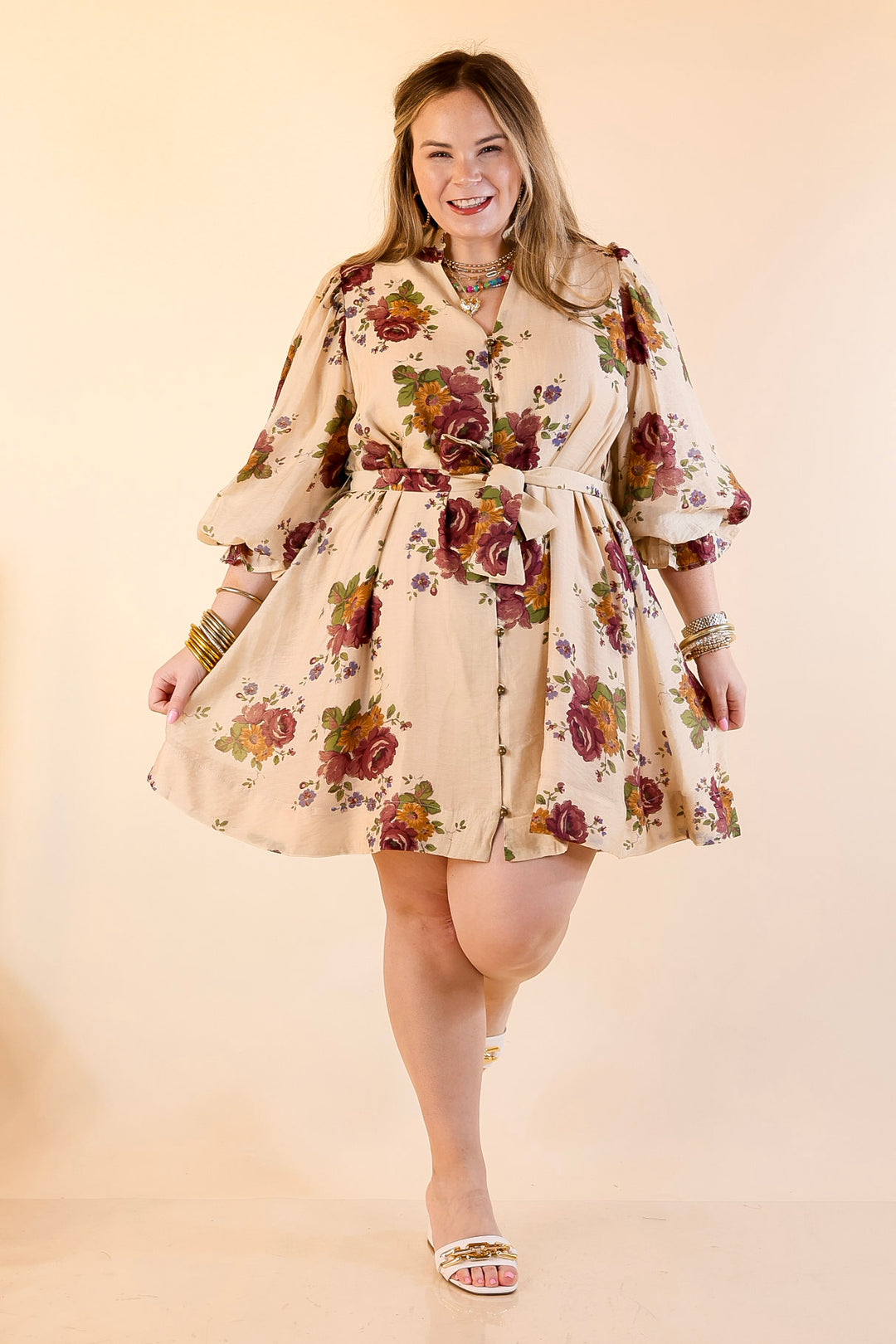 Garden Stroll Floral Dress with A-Line Skirt and and Belt in Vanilla Cream