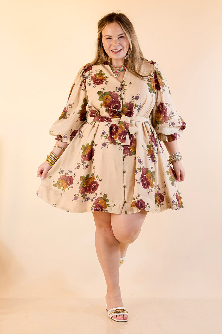 Garden Stroll Floral Dress with A-Line Skirt and and Belt in Vanilla Cream