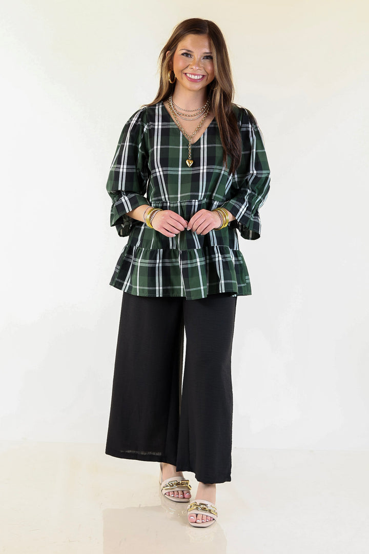 Mud Pie | Ashford Plaid Babydoll Top with Ruffle Hem and 3/4 Balloon Sleeves in Green