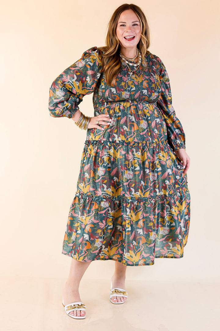 Mud Pie | Shaffer Smocked Bodice Long Sleeve Midi Dress with Tiered Skirt in Blue Mix