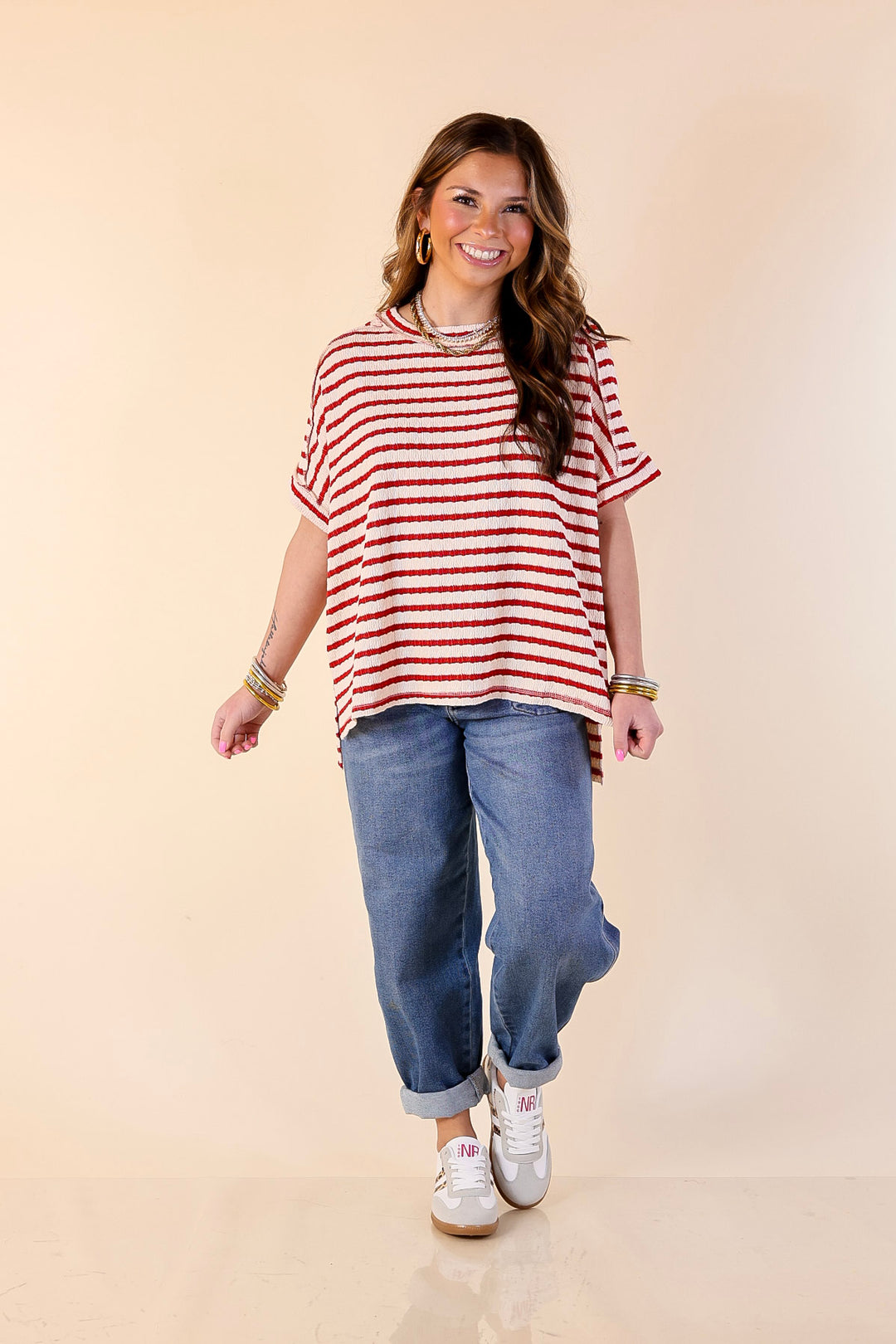 On The Daily Scoop Neck Short Sleeve Textured Top in Red