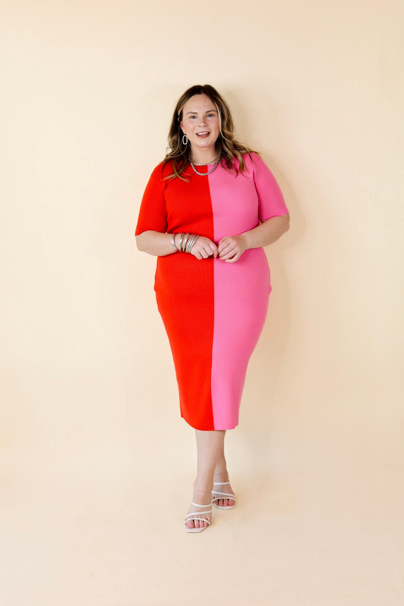 No Drama Ribbed Short Sleeve Midi Dress in Red and Pink