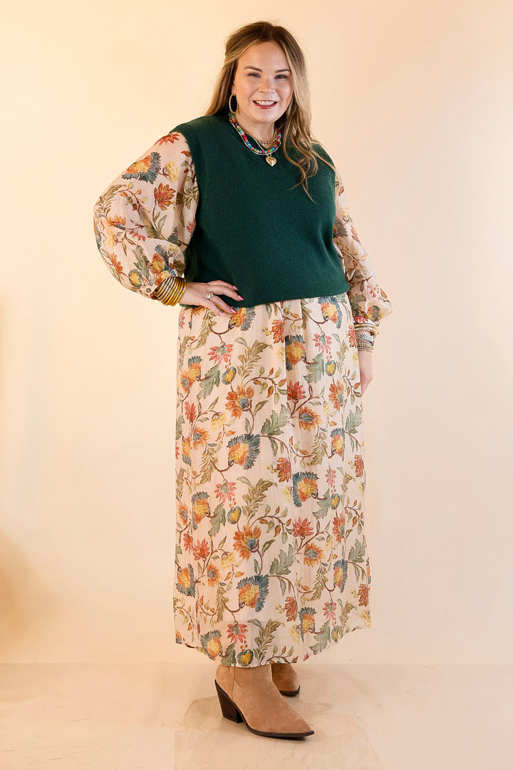 Charming Impression Floral Print Maxi Dress with Long Sleeves in Cream, Olive, Teal and Rust