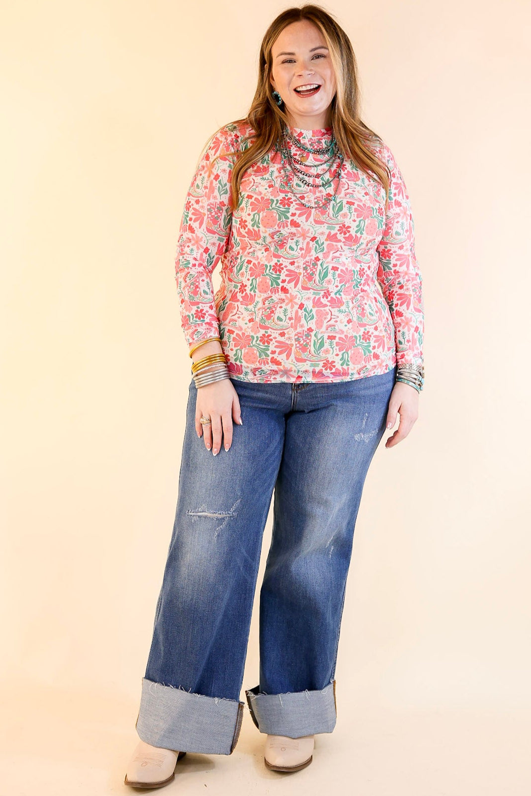 Western Dream Mesh Long Sleeve Top with Western Floral Print in Pink