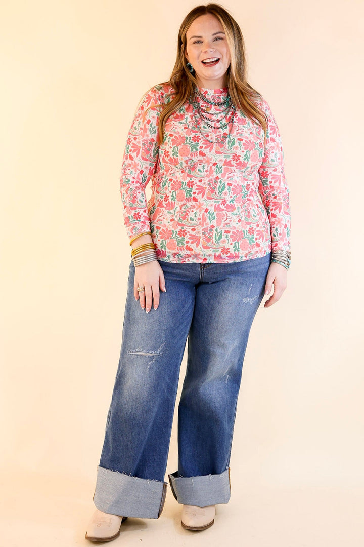 Western Dream Mesh Long Sleeve Top with Western Floral Print in Pink