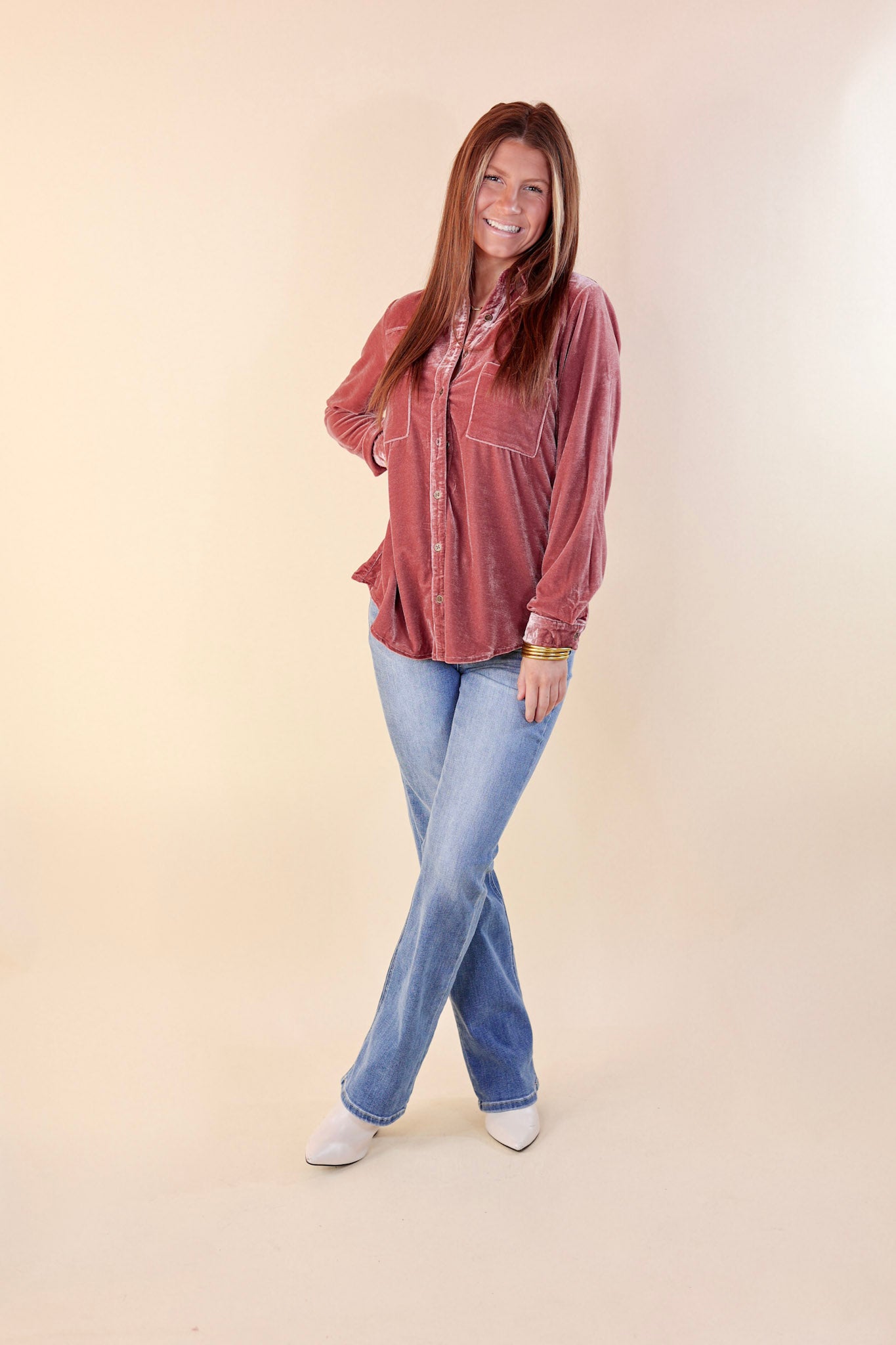 Candy Apple Evening Button Up Velvet Long Sleeve Blouse in Rose Quartz Pink - Giddy Up Glamour Boutique
