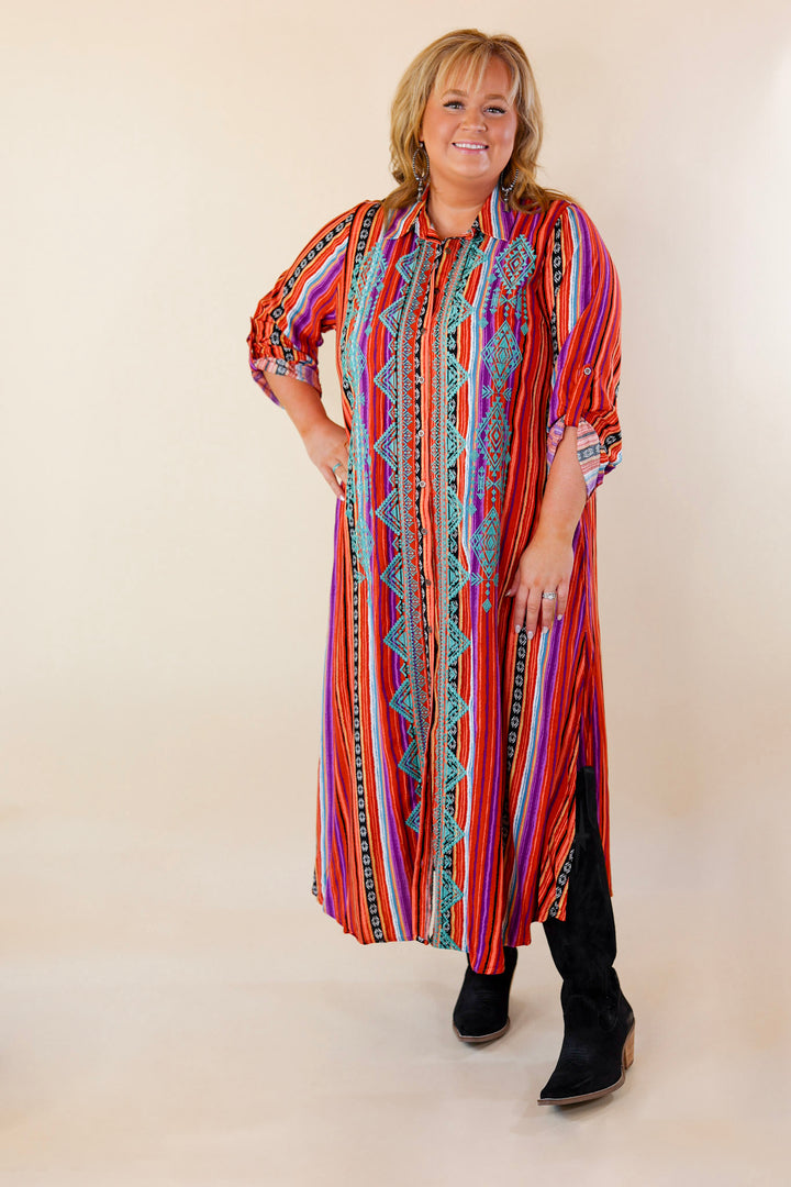 I'm All That Long Serape Button Up Dress with Aztec Print Embroidery - Giddy Up Glamour Boutique