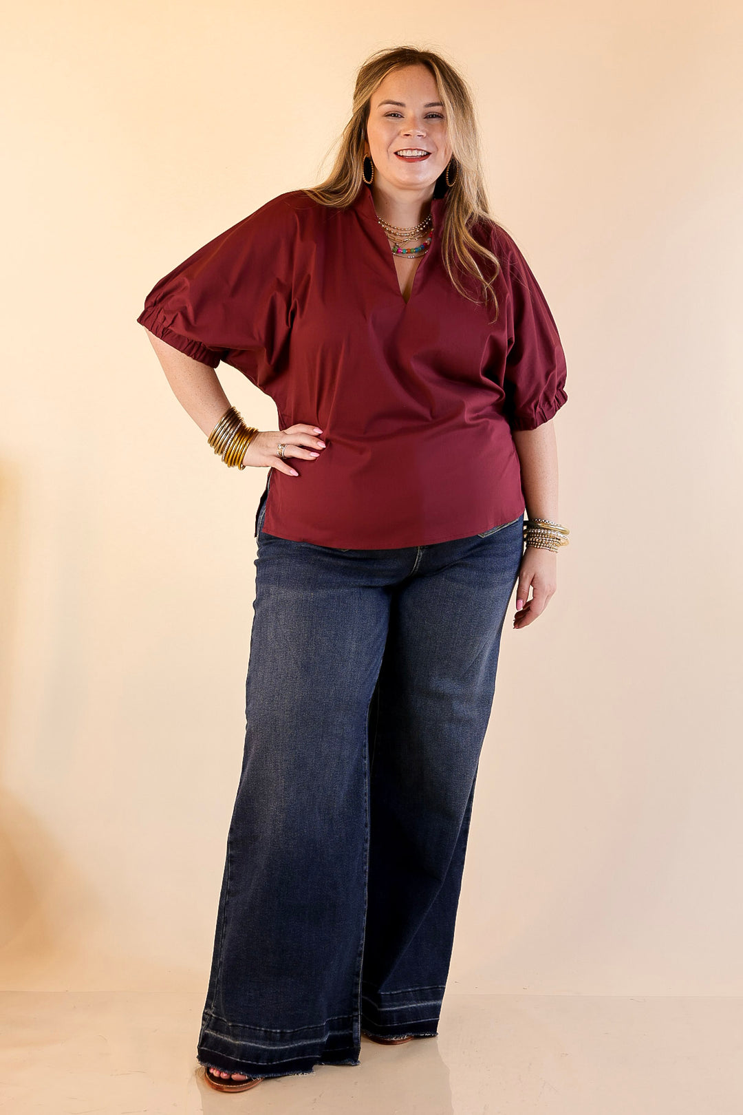Elevated Basic V-Neck Blouse With Drop Shoulder in Maroon