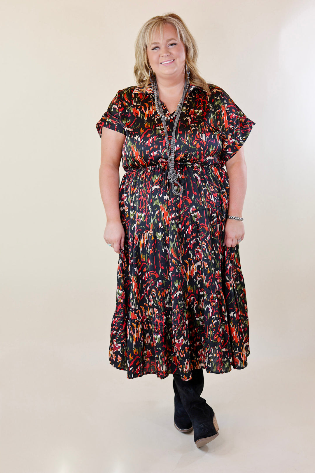 Burnin' Up Multicolor Abstract Print Midi Dress in Black - Giddy Up Glamour Boutique