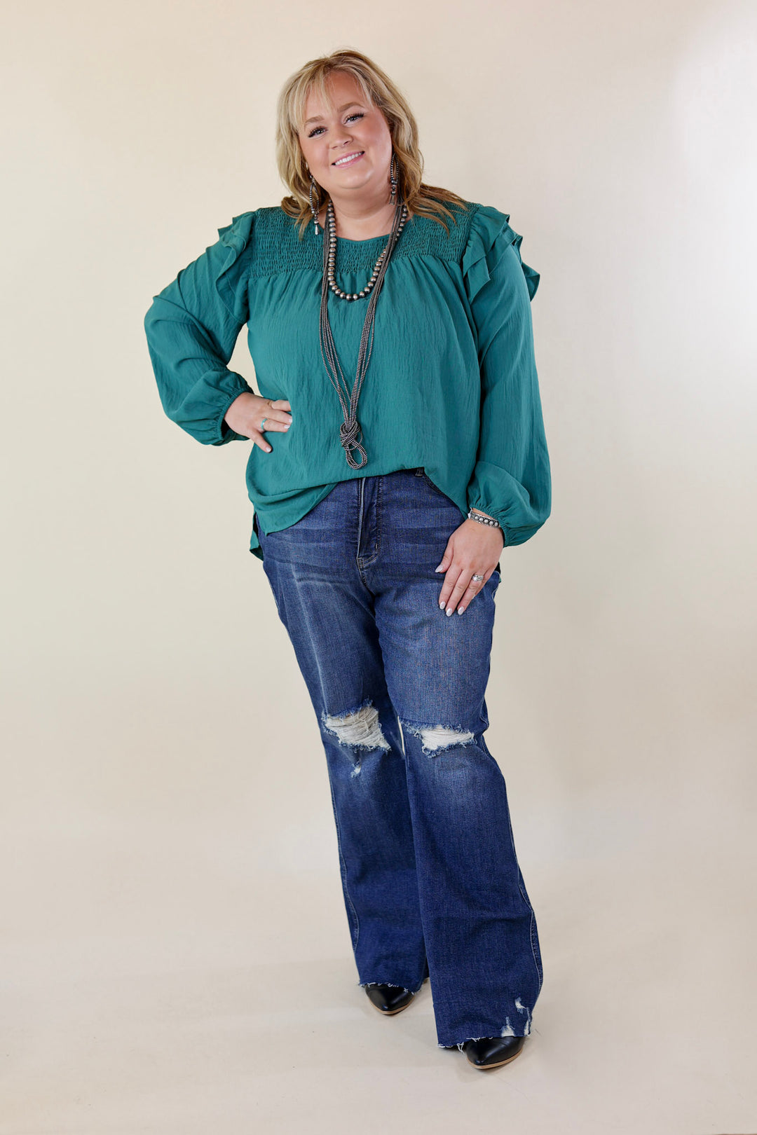 Balcony Nights Ruffle Shoulder Long Sleeve Blouse in Teal - Giddy Up Glamour Boutique