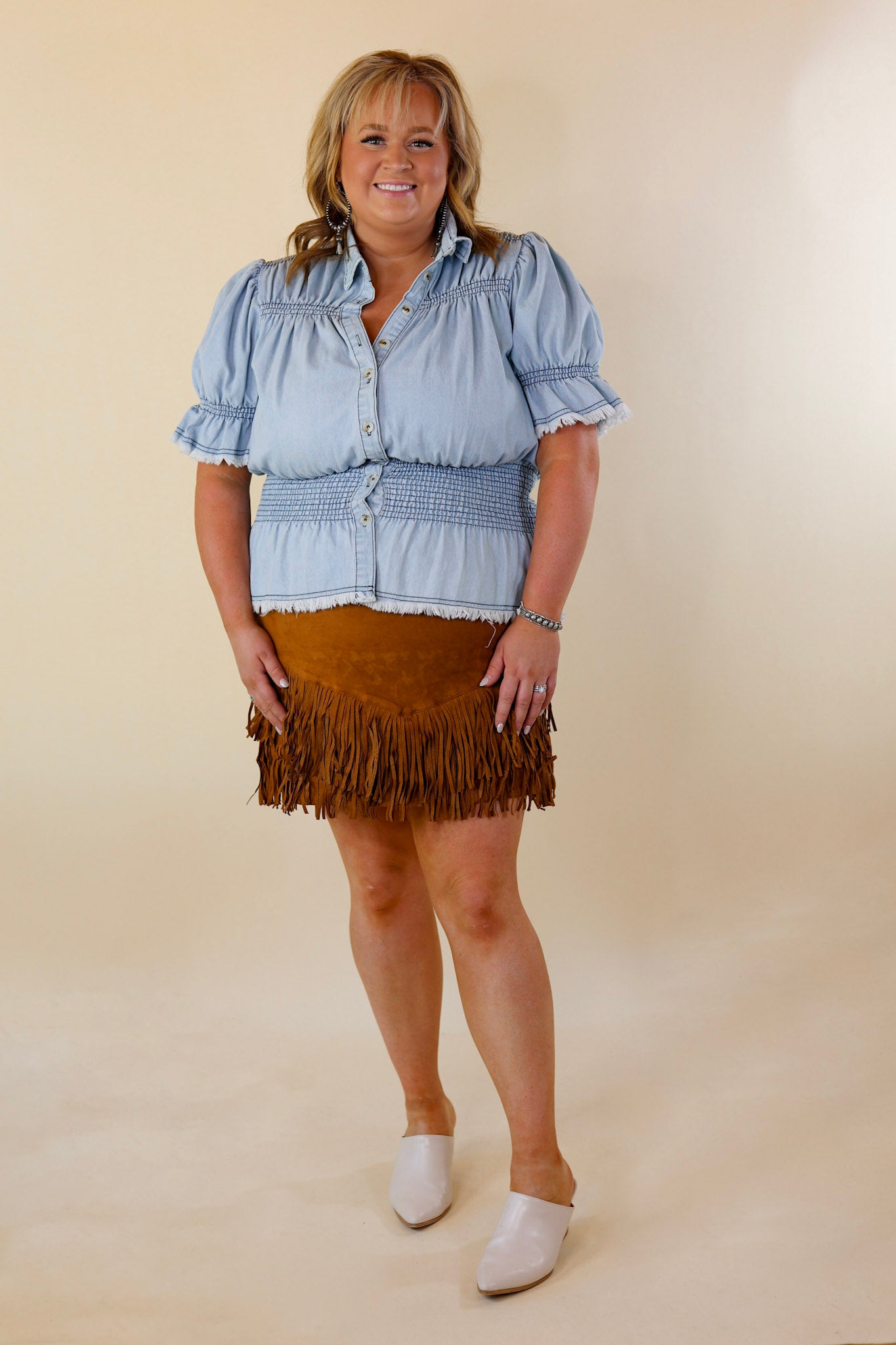 Plus Sizes | Pep Into Your Step Suede Fringe Skirt in Camel Brown - Giddy Up Glamour Boutique