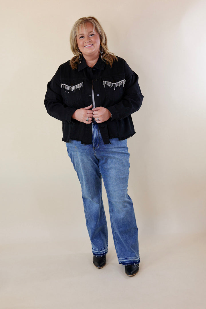 Made To Shine Crystal Fringe Pocket Cropped Denim Jacket in Black - Giddy Up Glamour Boutique