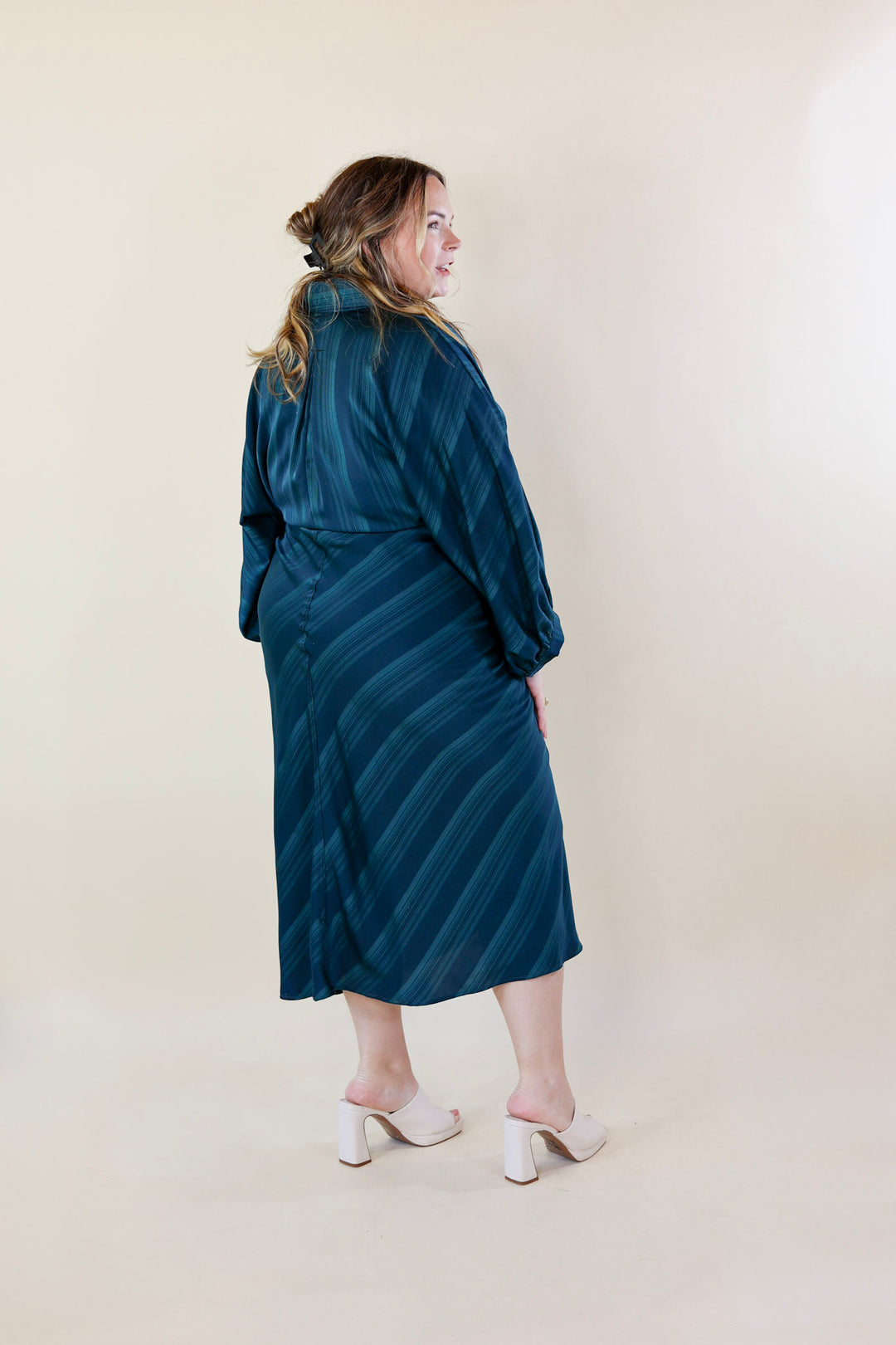 Decisions To Make Button Up Midi Dress in Dark Teal Blue - Giddy Up Glamour Boutique