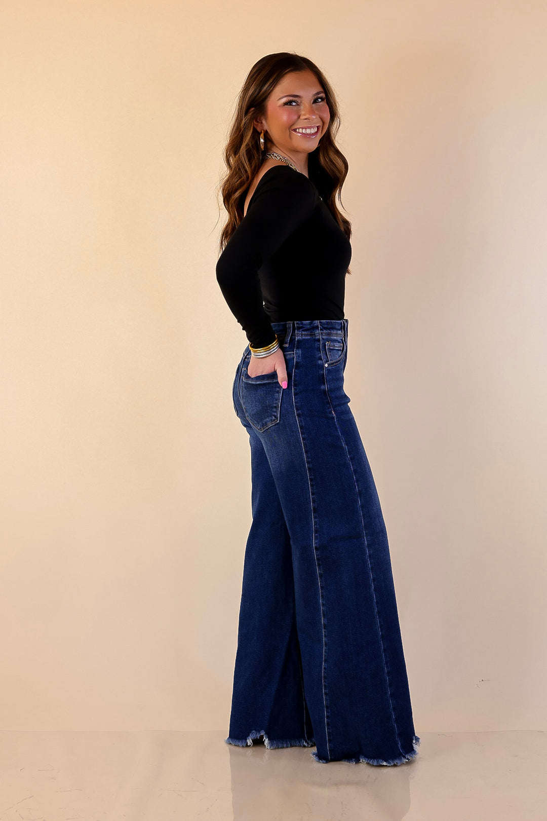 Risen | Holding Steady Wide Leg Raw Hem Jeans in Dark Wash