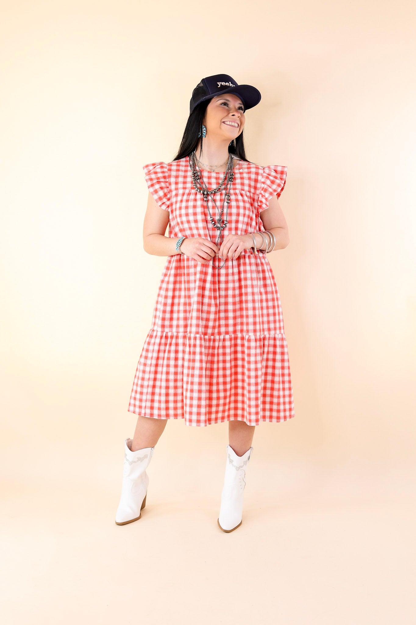 Sunny Pier Gingham Dress with Ruffle Cap Sleeves in Coral Red and White - Giddy Up Glamour Boutique