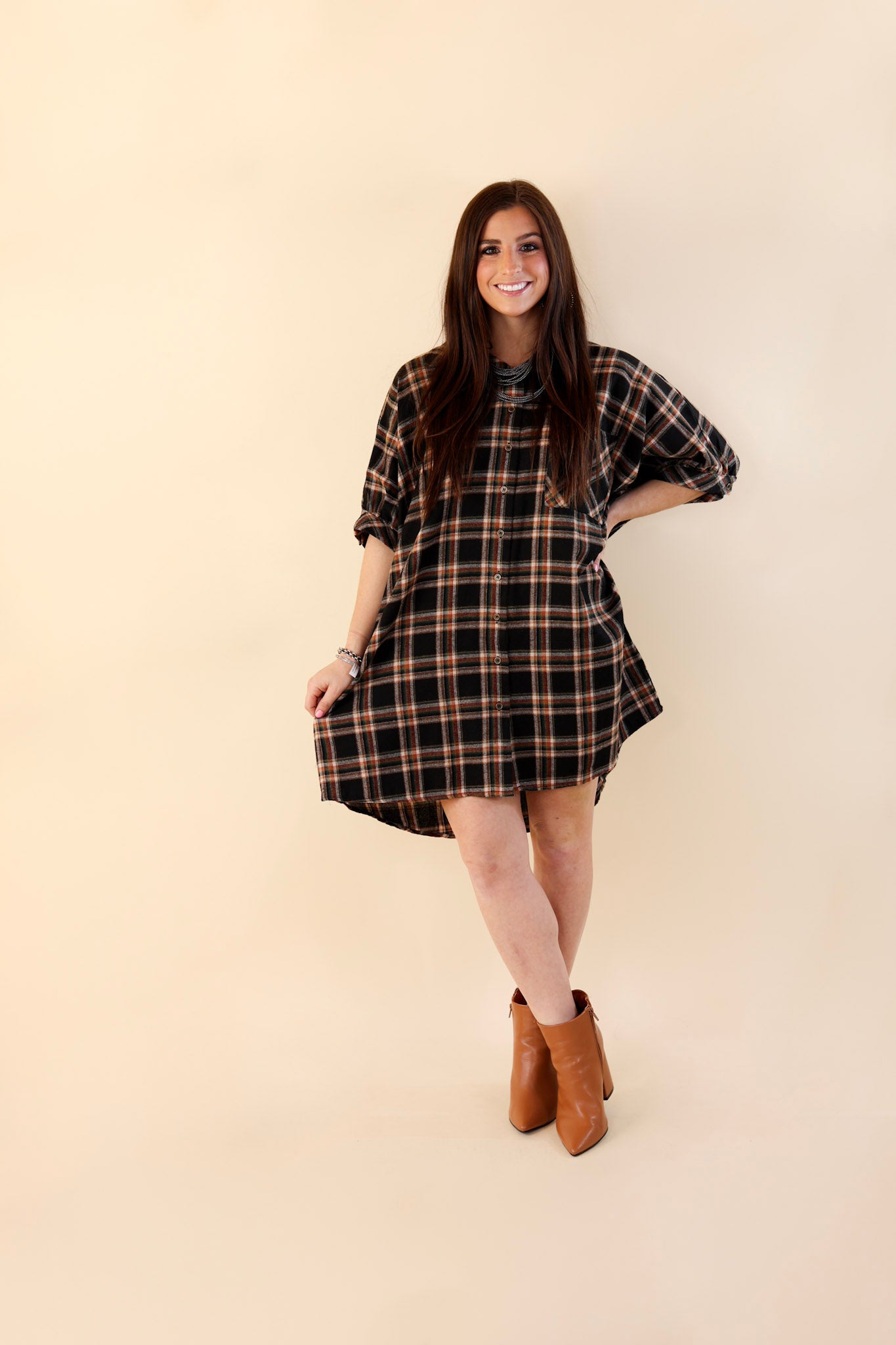 Cozy And Kind Button Up Plaid Dress in Black
