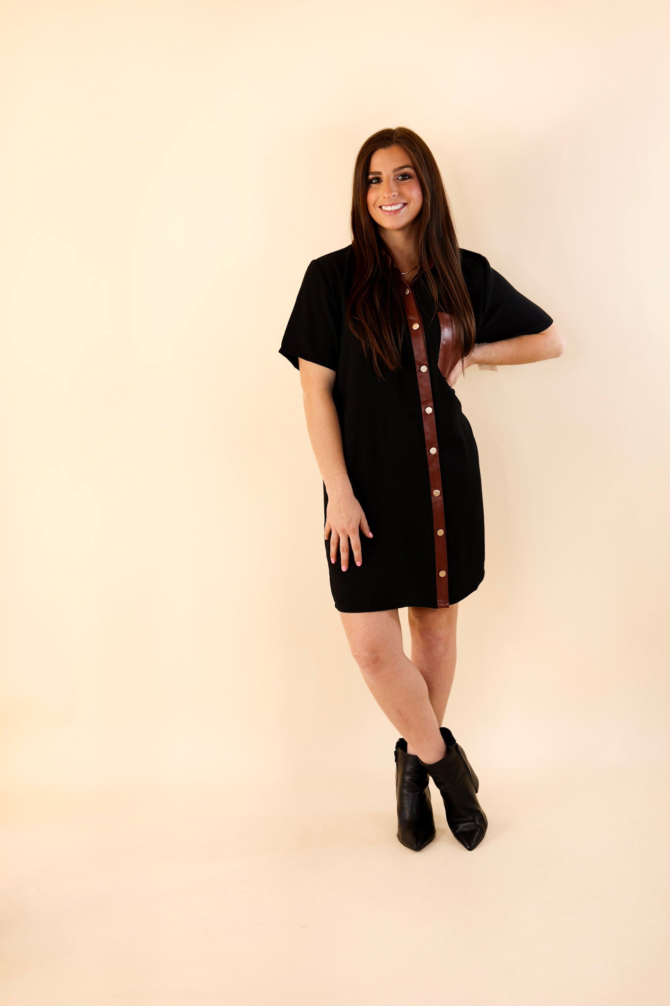 Put Your Records On Button Up Faux Leather Trim Dress in Black - Giddy Up Glamour Boutique