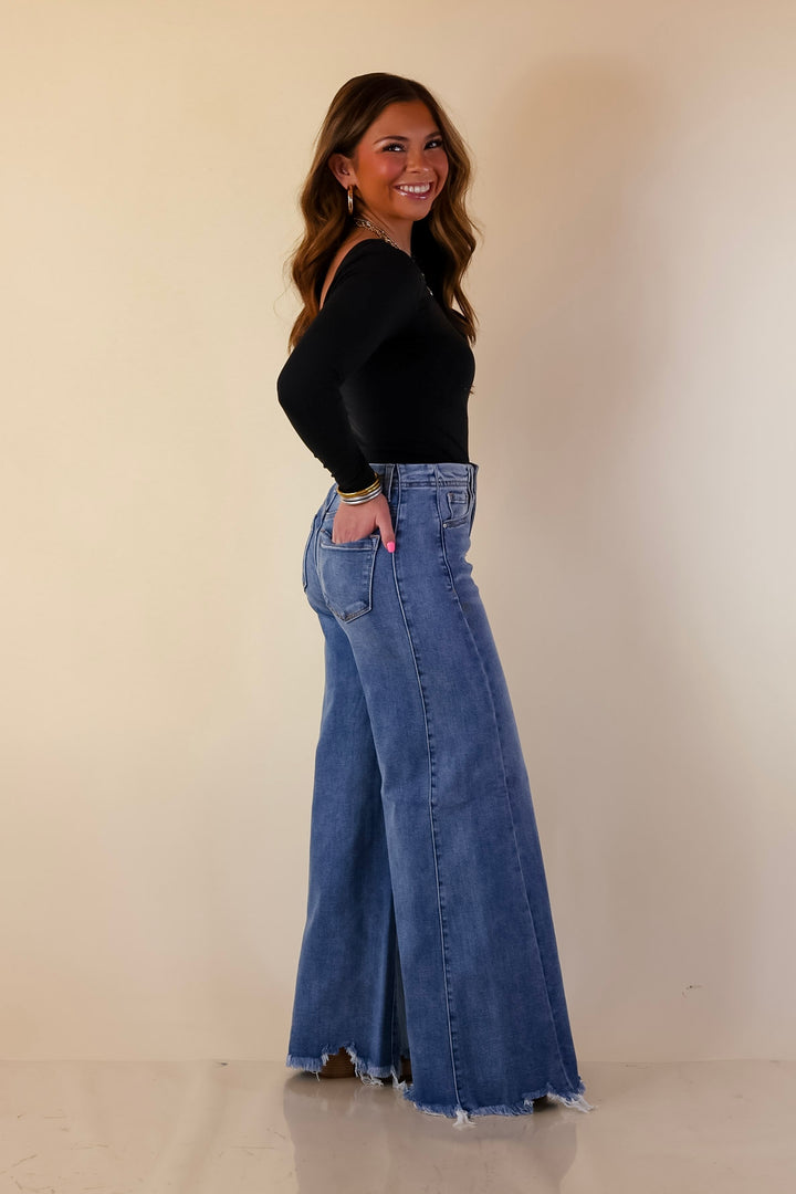 Risen | Holding Steady Wide Leg Raw Hem Jeans in Medium Wash