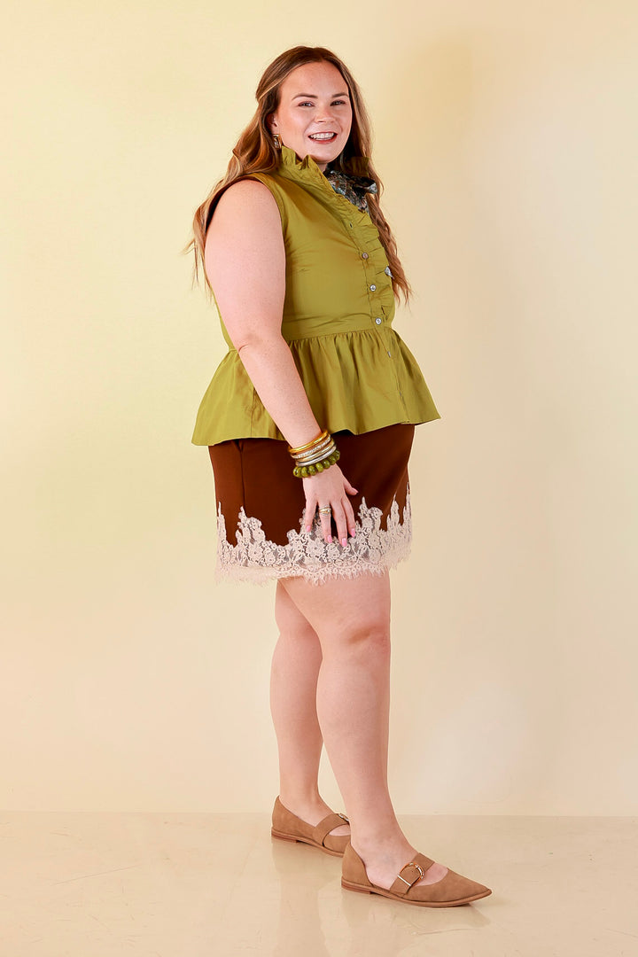 Poised &amp; Polished Sleeveless Ruffle Neck Button Front Peplum Top in Chartreuse Olive Green