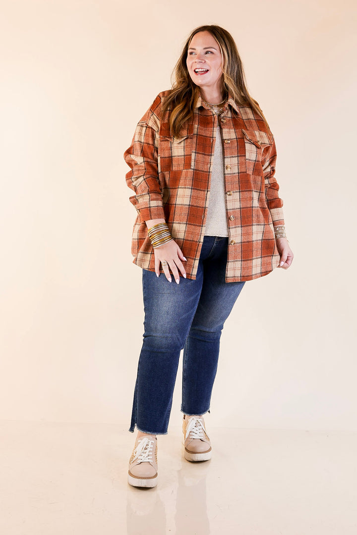 Kindness Everywhere Button Up Plaid Shacket in Burnt Orange