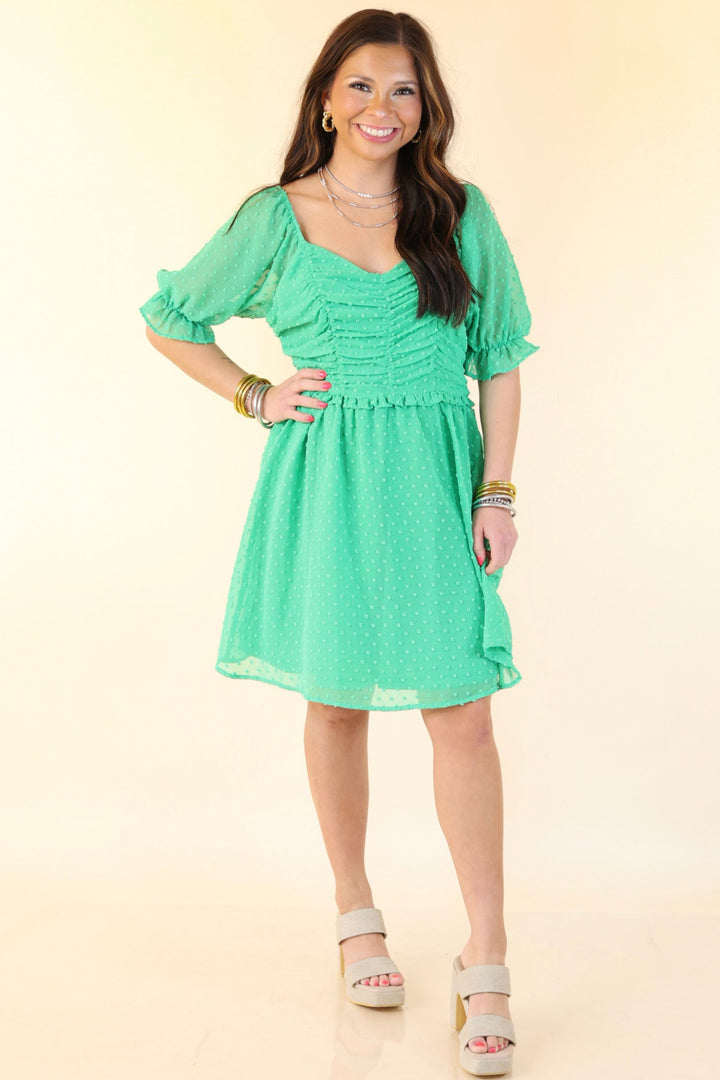 Favorite Adventure Swiss Dot Dress with Short Balloon Sleeves in Green