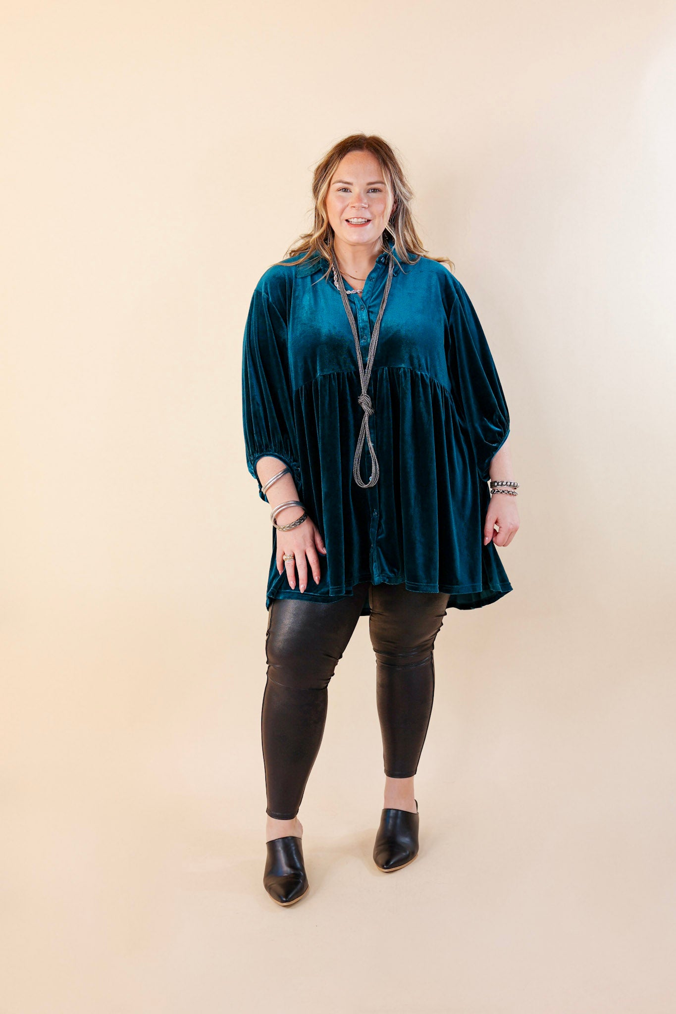 Love Link Button Up Velvet Half Sleeve Babydoll Tunic Top in Teal Blue - Giddy Up Glamour Boutique