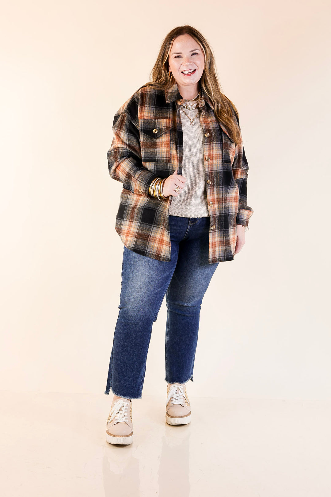 Kindness Everywhere Button Up Plaid Shacket in Black Mix