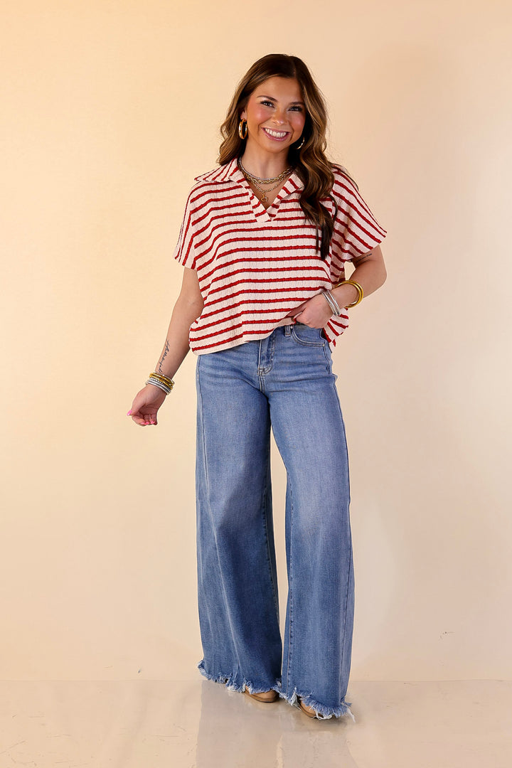 Simply Said Striped Drop Shoulder Collared Cropped Top in Ivory with Red Stripes