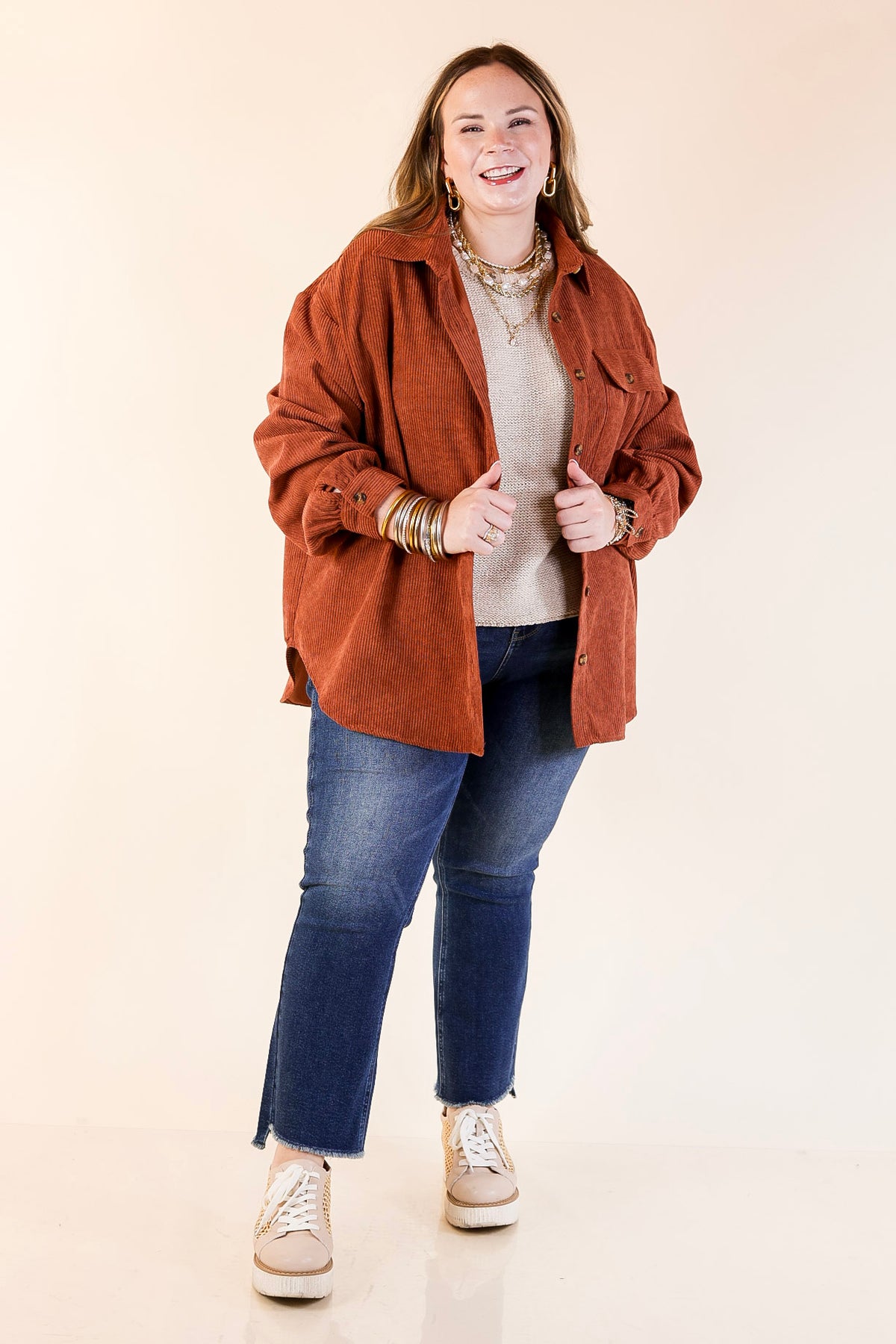Latte Sips Button Up Corduroy Shacket in Rust