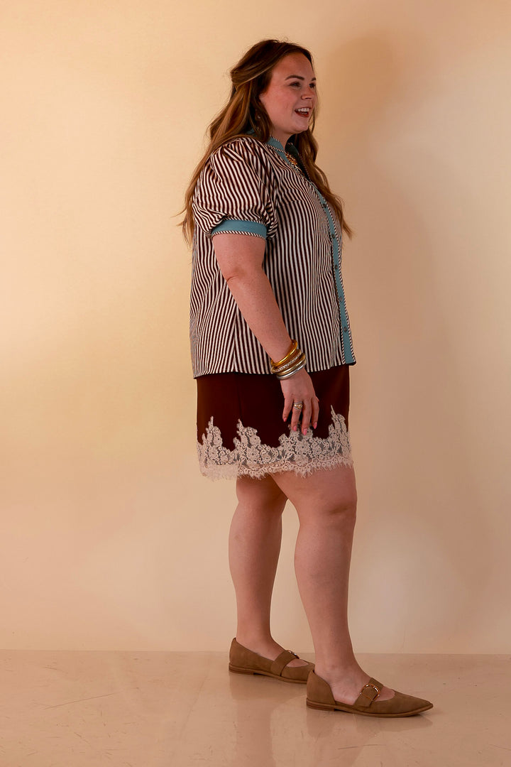 Pop of Polish Short Puff Sleeve Button Front Top with Contrast Trim in White, Chocolate Brown and Blue
