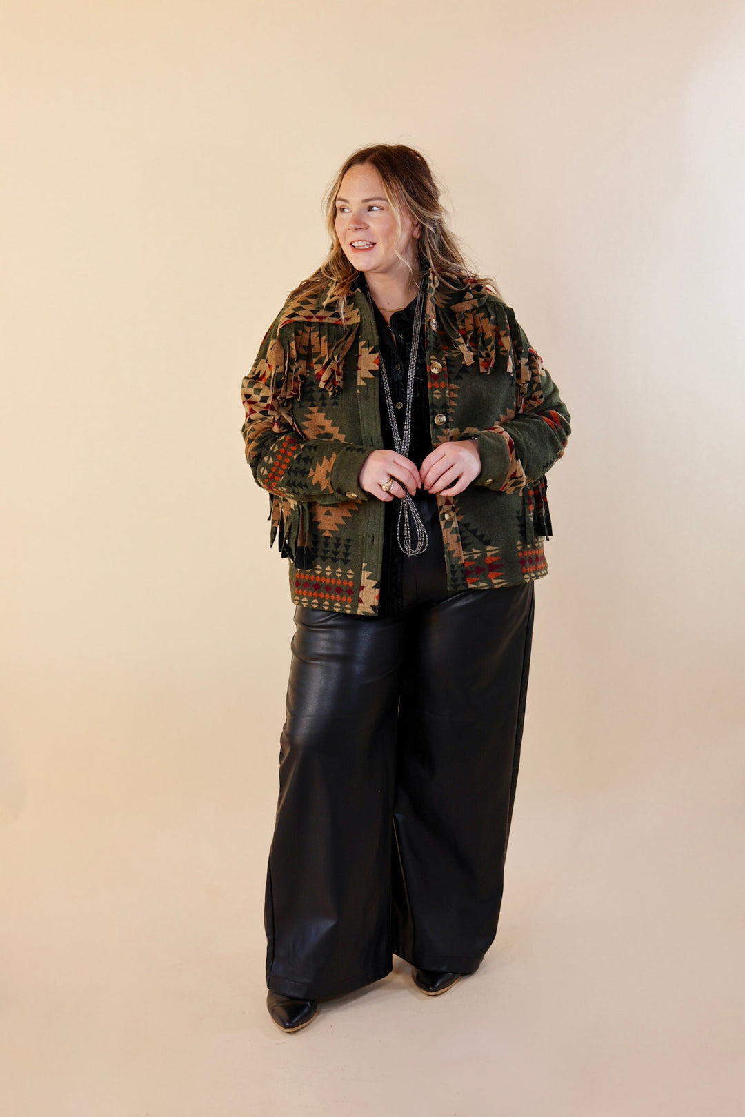 Take Over Aztec Print Button Up Jacket with Fringe in Olive Green - Giddy Up Glamour Boutique
