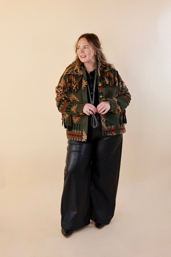 Take Over Aztec Print Button Up Jacket with Fringe in Olive Green - Giddy Up Glamour Boutique