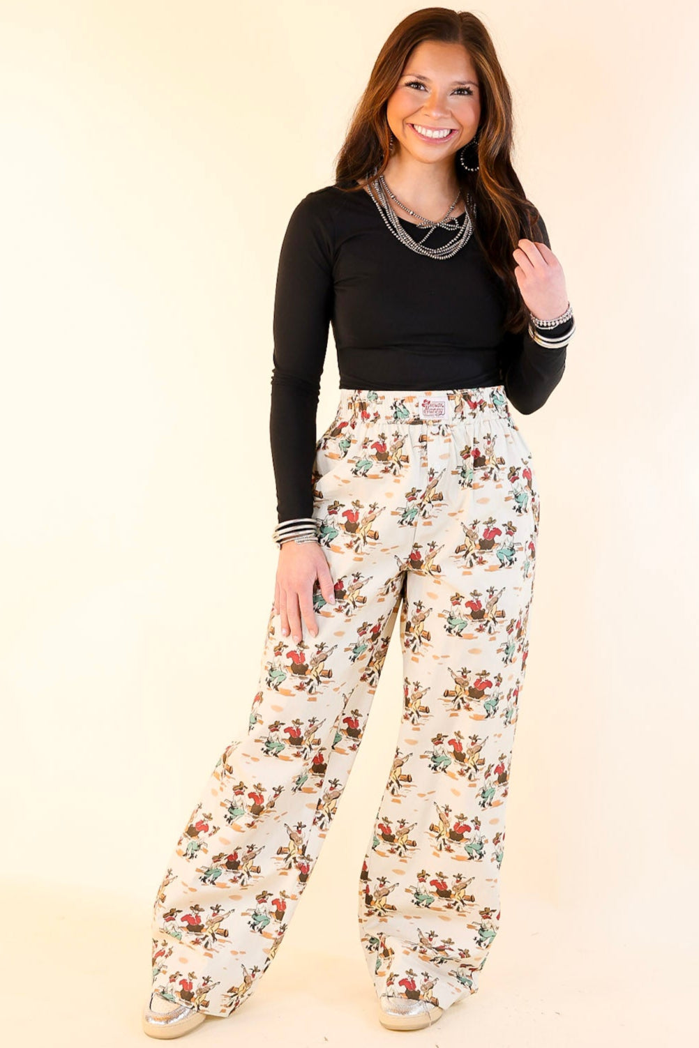 Newest Trend Cowboy Print Cotton Pants with Elastic Waistband in Ivory