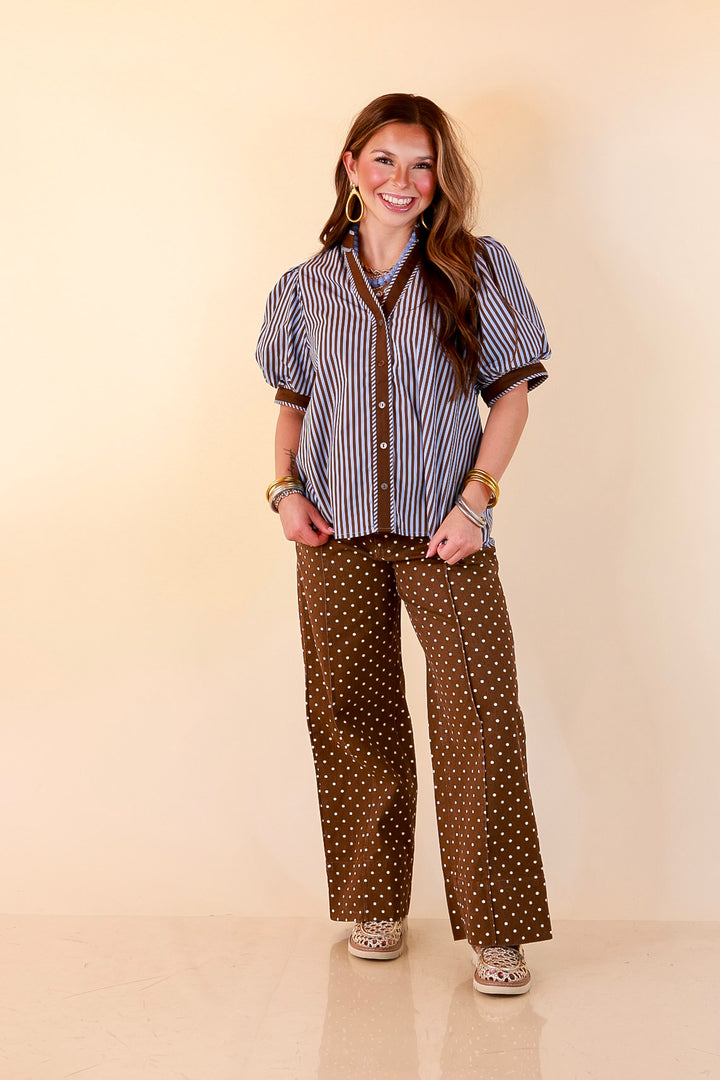 Pop of Polish Short Puff Sleeve Button Front Top with Contrast Trim in Blue and Brown