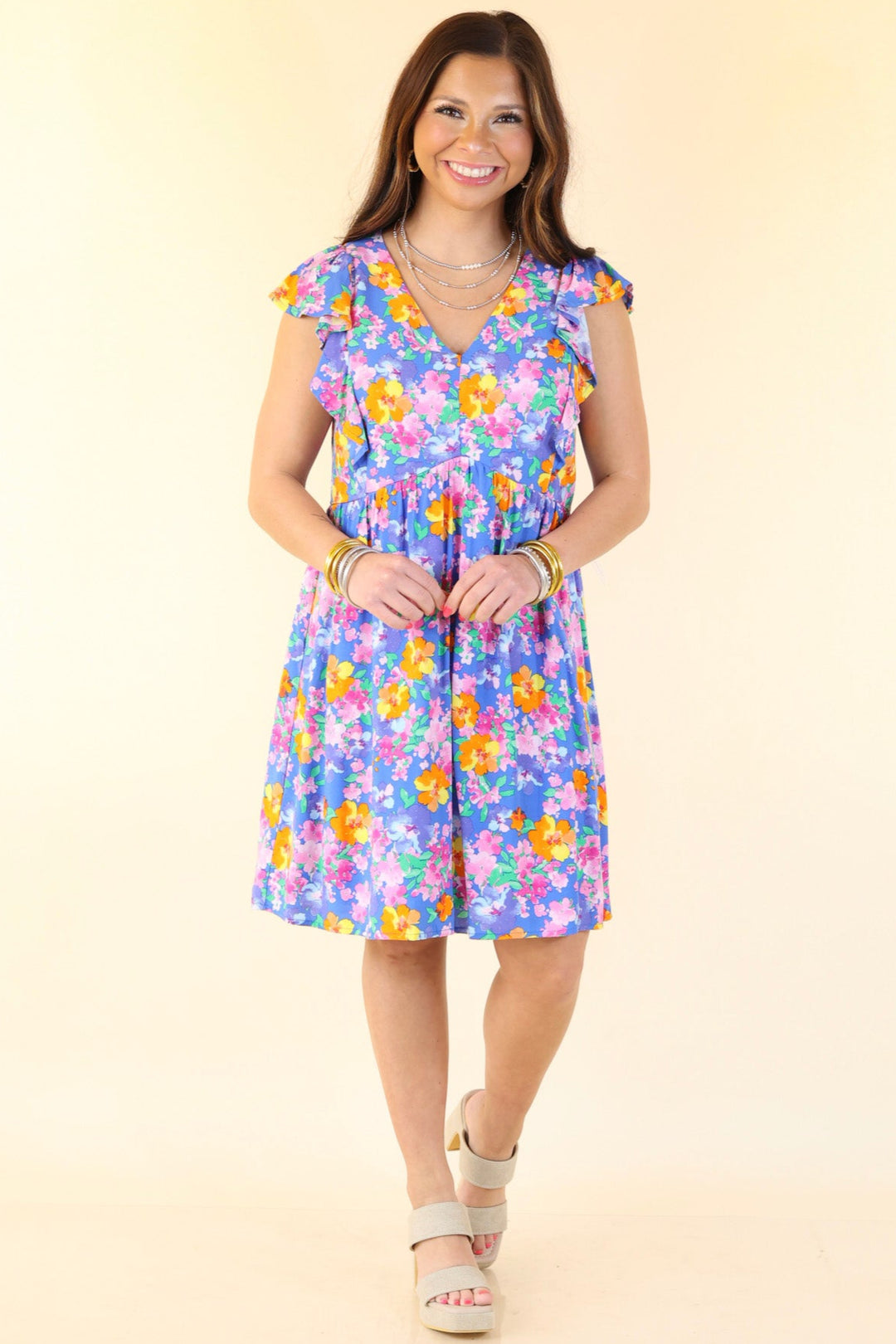 Sunshine On My Mind Floral Ruffle Cap Sleeve Dress in Blue