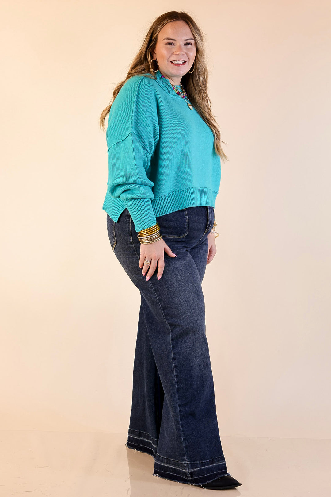 Fireside Fit Cropped Long Sleeve Mock Neck Sweater in Turquoise Blue