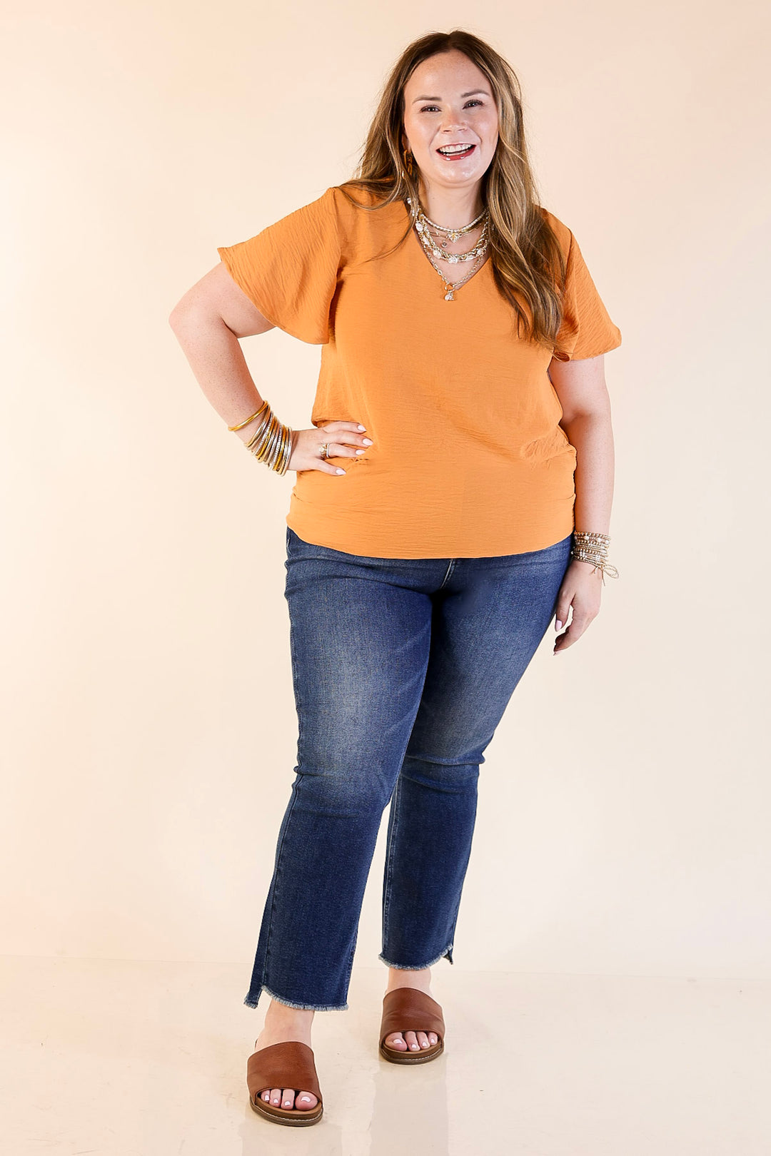 Best Intentions V Neck Short Sleeve Top in Apricot Orange