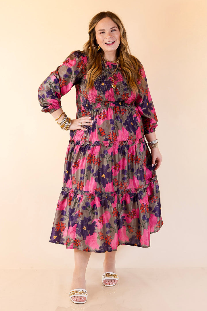 Mud Pie | Shaffer Smocked Bodice Long Sleeve Midi Dress with Tiered Skirt in Pink Mix