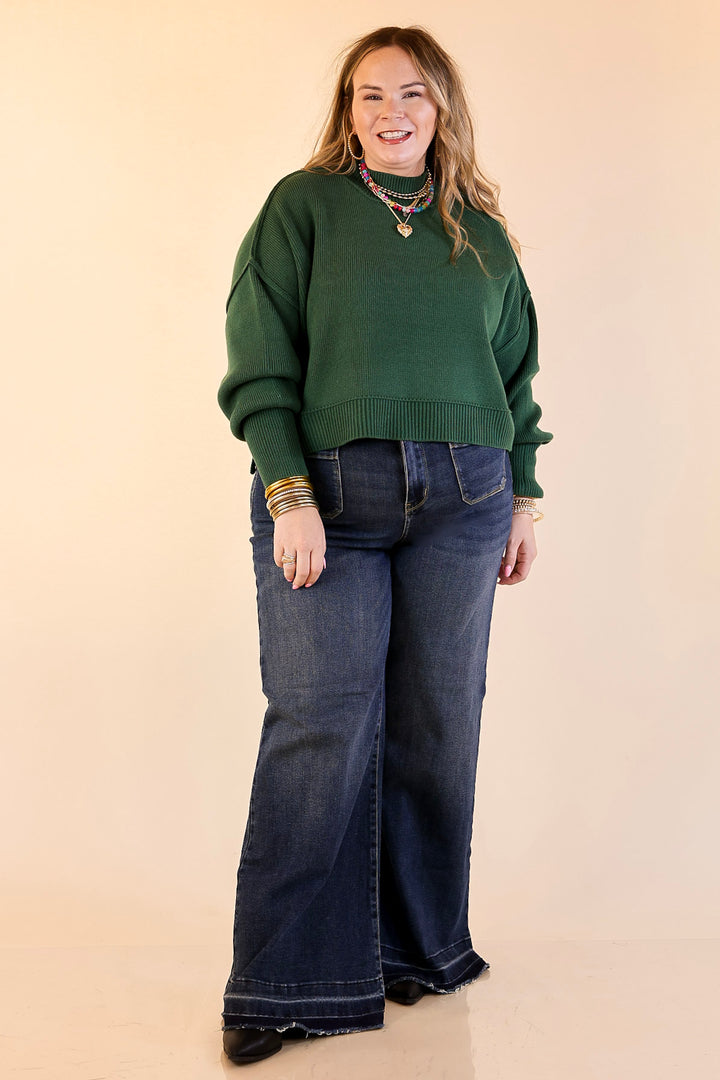 Fireside Fit Cropped Long Sleeve Mock Neck Sweater in Forest Green