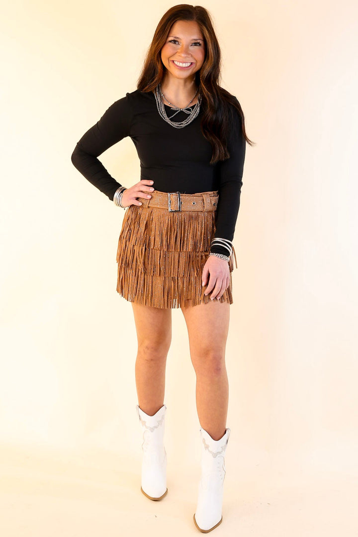 Cowboy Killer Crystal Fringe Mini Skort in Camel Brown