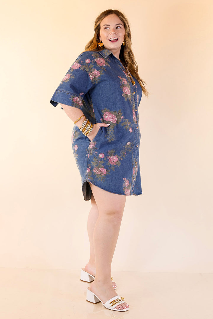 Flirting with Florals Floral Denim Shirt Dress with Gold Button Detail in Classic Blue Denim