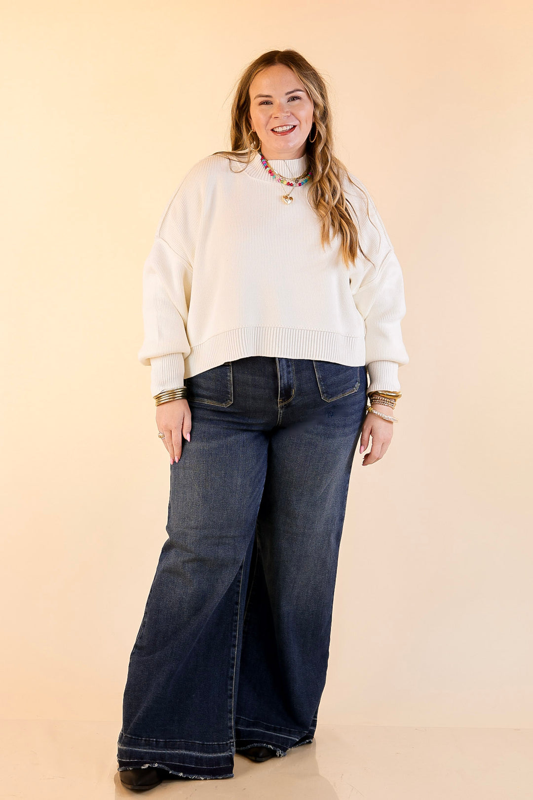 Fireside Fit Cropped Long Sleeve Mock Neck Sweater in Ivory