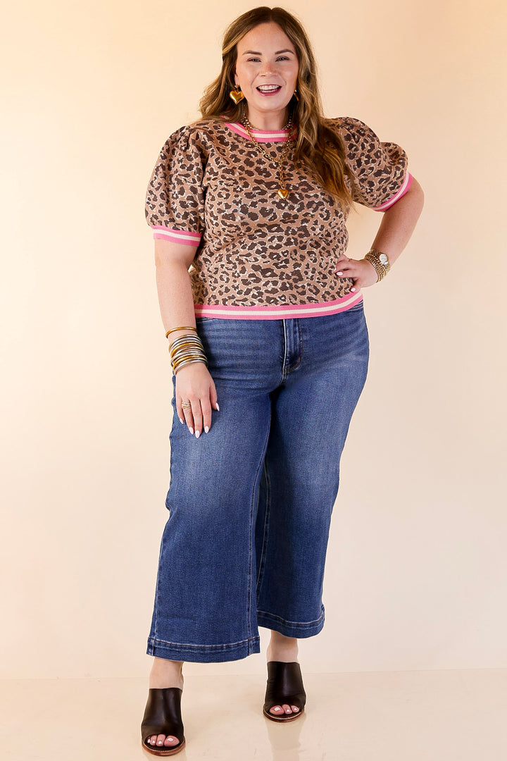 Feline Fine Leopard Print Short Sleeve Sweater with Contrast Trim in Pink