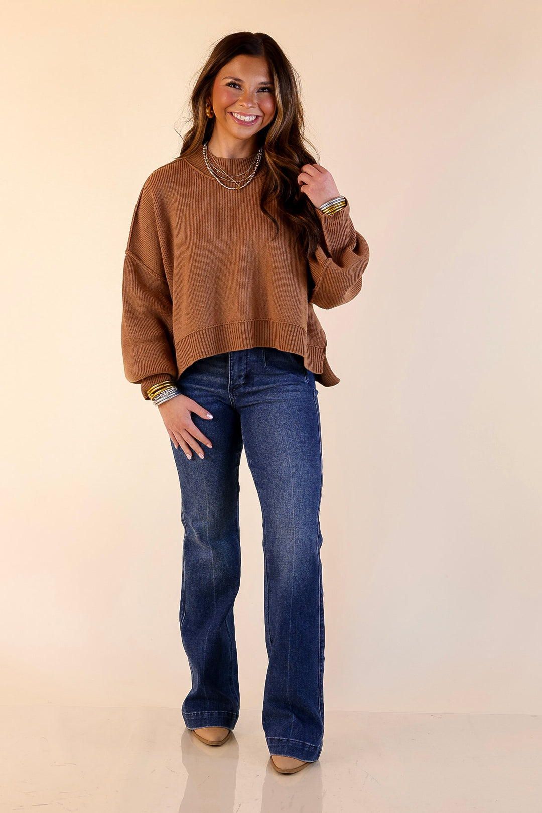Fireside Fit Cropped Long Sleeve Mock Neck Sweater in Camel Brown