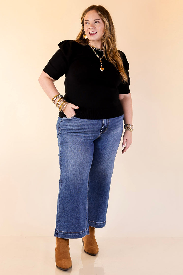 Sweet Sophistication Puff Short Sleeve Knit Sweater with Scoop Neck in Black