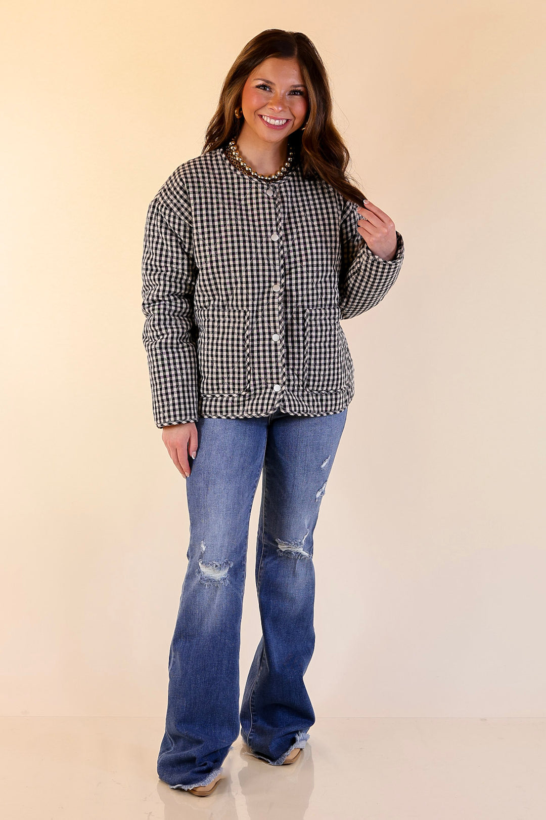 Check it Twice Quilted Gingham Plaid Jacket in Ivory and Black