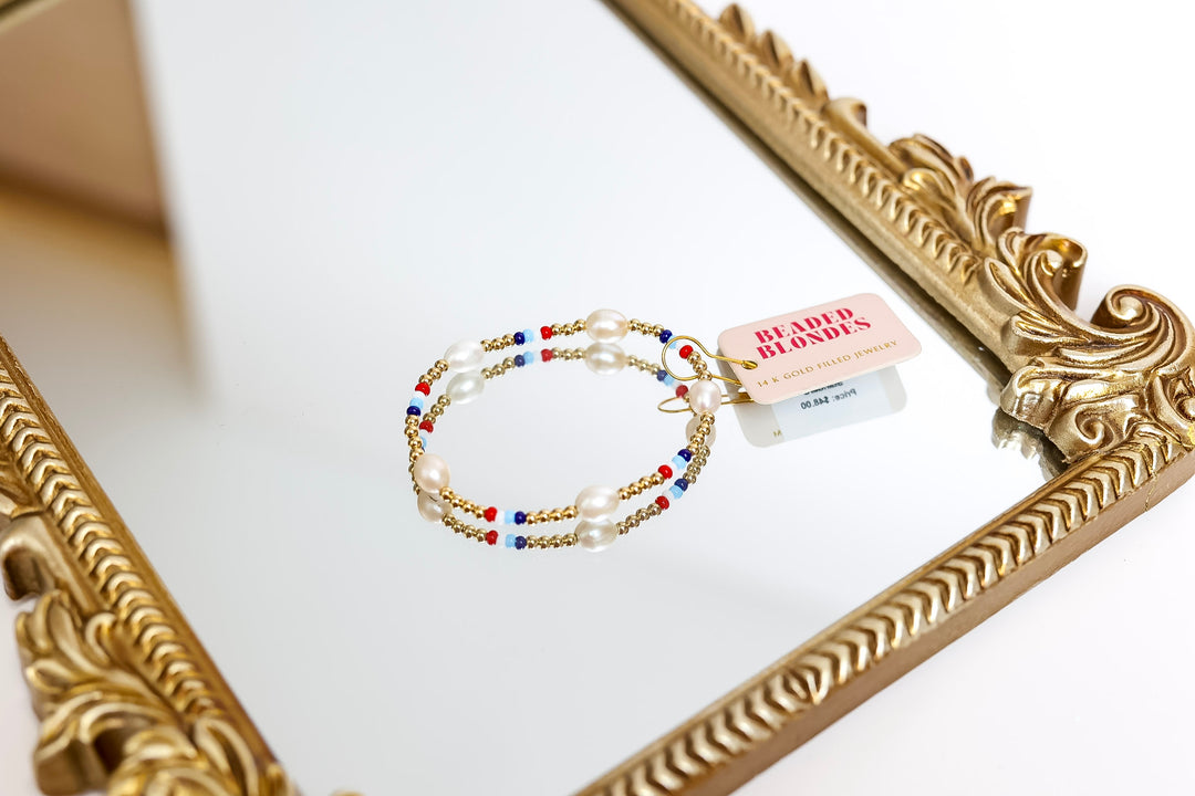 Beaded Blondes | Red, White & Blues Pearl Gold Stretchy Poppi Bracelet